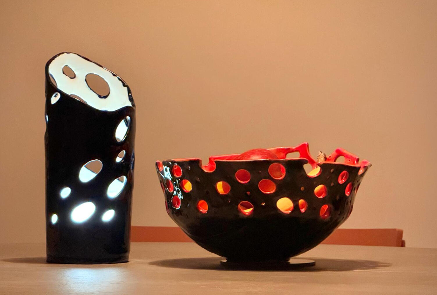 Ceramic Lantern & Bowl with Glowing Light