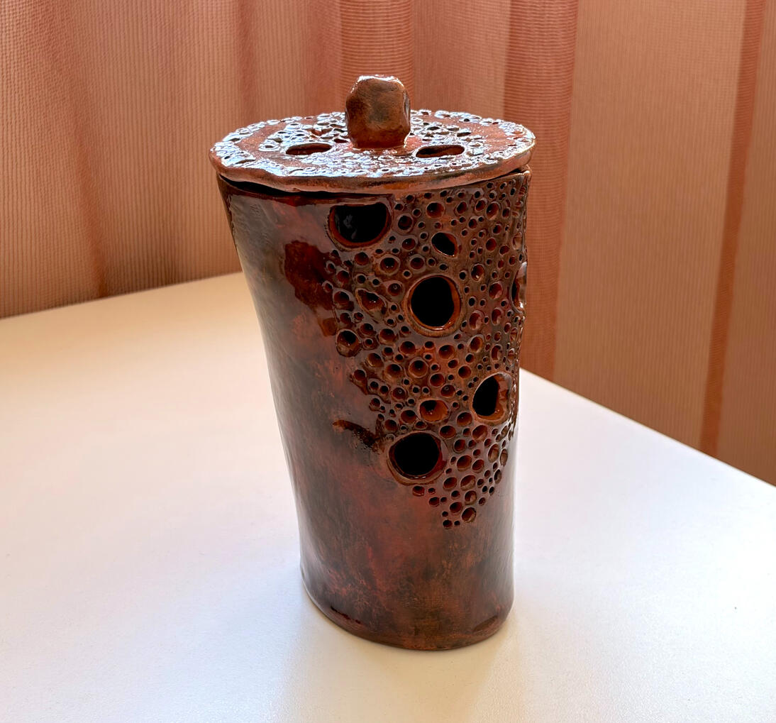 Perforated Ceramic Sculpture in Rustic Red Glaze